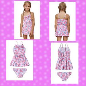 Blue Pink Multi-layer Ruffles Swim Dress